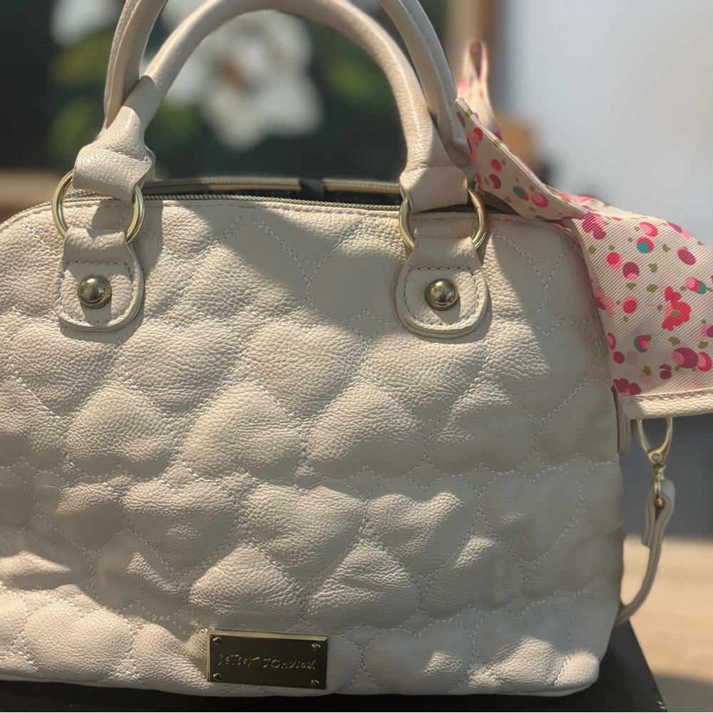 Betsey Johnson Cream Quilted Satchel with Metallic Accents